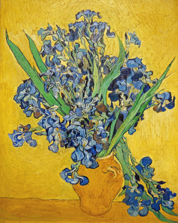 van Gogh, Vase mit Iris vor gelben Hintergrund